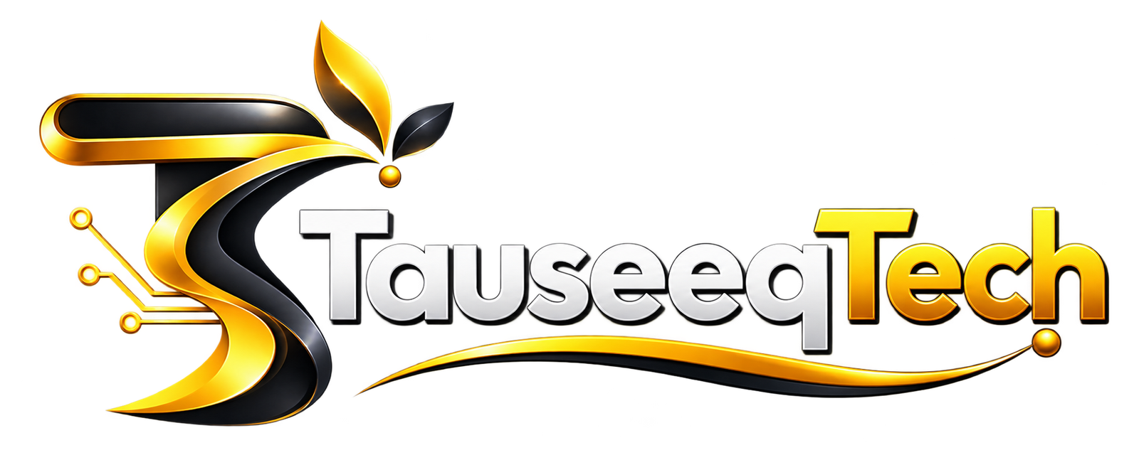 TauseeqTech modern technology logo with gold and black futuristic design for web development and digital services