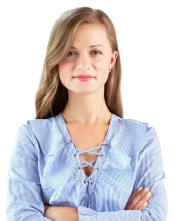 Professional Woman Giving a Confident Client Testimonial Professional woman standing with folded arms in an office, representing a confident client testimonial