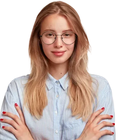 Professional Woman with Glasses – Business Support Professional woman wearing glasses in a light blue shirt, representing website support and customer service